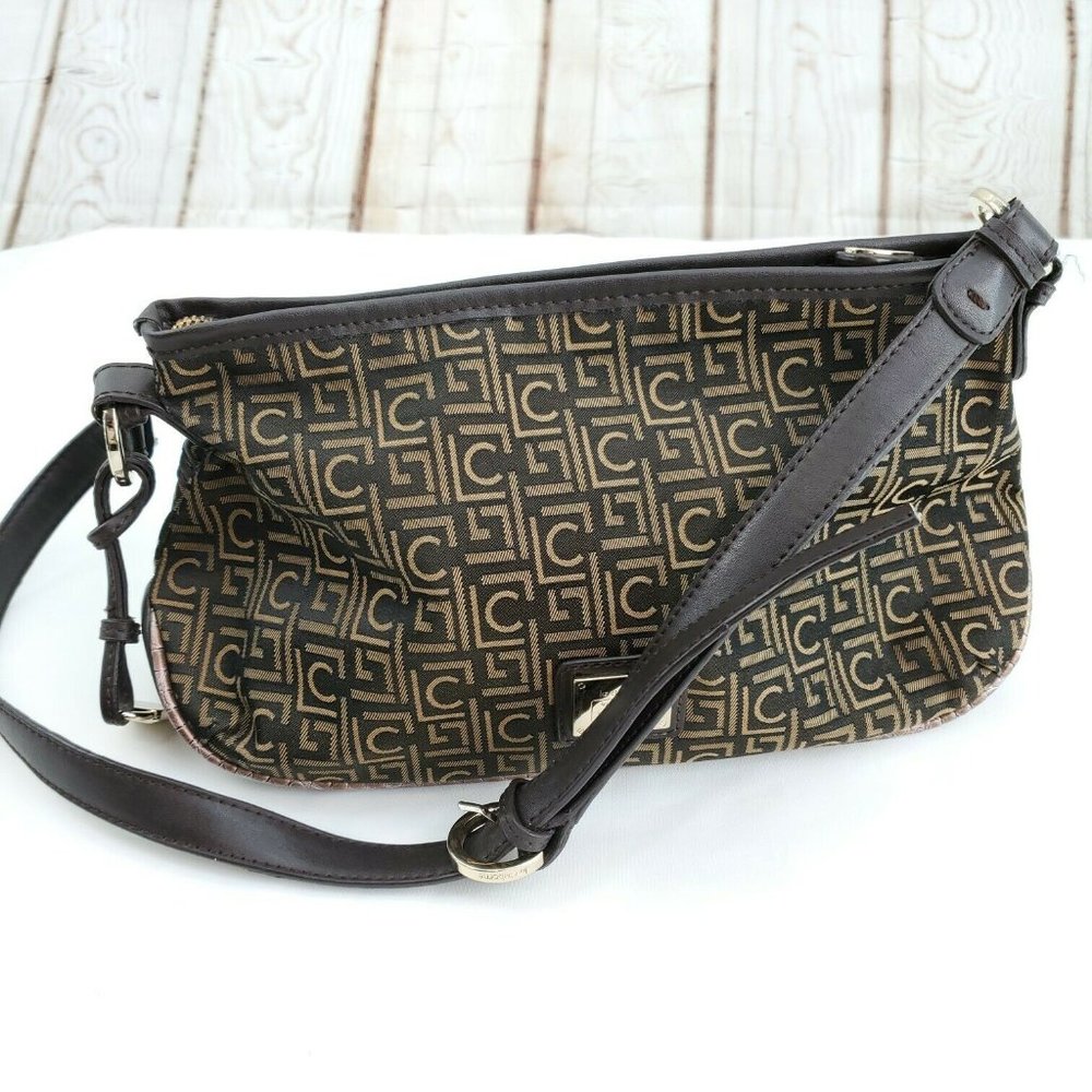Vintage Liz Claiborne Womens Brown Signature LC Monogram Crossbody Handbag Purse